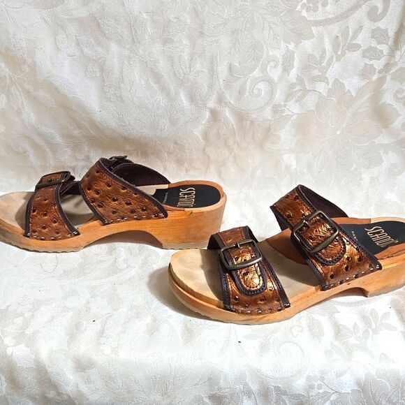 Scandic Clog Style Women's Bronze Wooden Leather Sandals - Picture 5 of 9